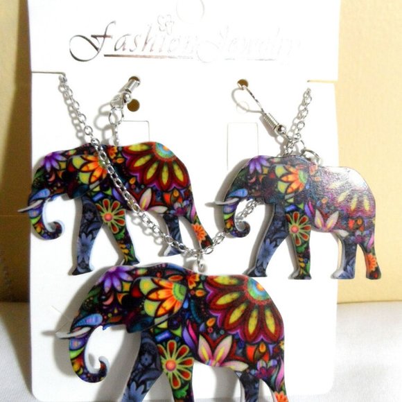 New Boho MOSAIC Elephant Owl Necklace Earrings Set Floral Modern Jewelry Chic! - Picture 7 of 9